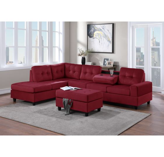 24Heights Sectional + Storage Ottoman - Red Velvet