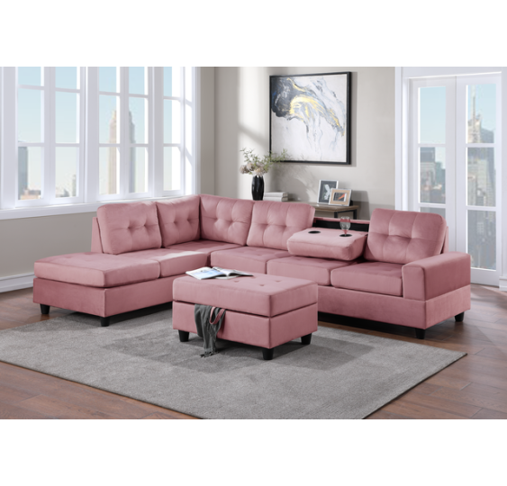 23 Heights Sectional + Storage Ottoman - Pink Velvet