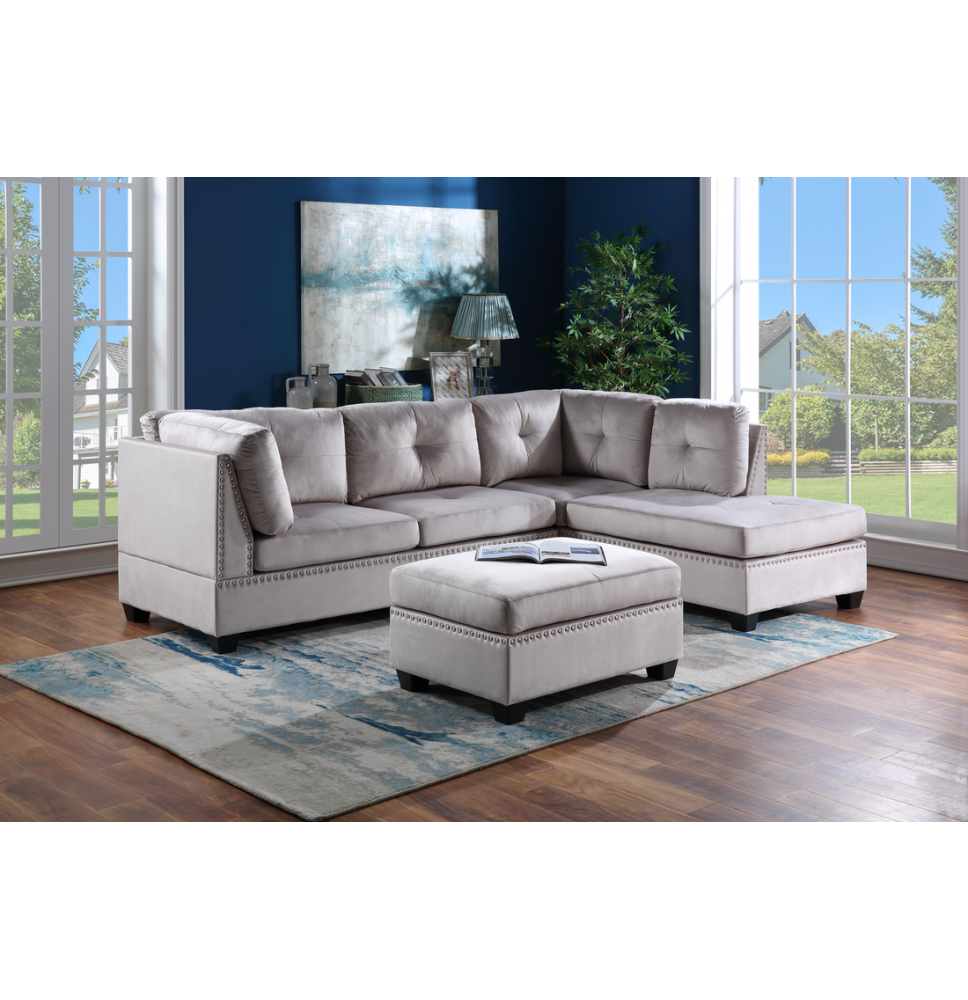 Sienna - Silver Velvet Sectional + Ottoman Set (Silver Velvet)