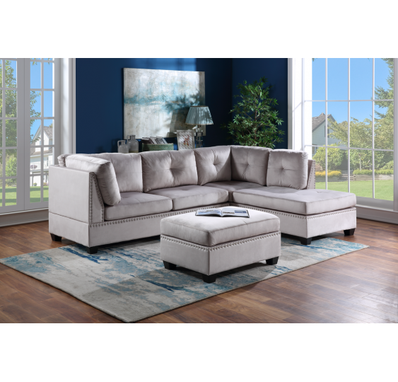 Sienna - Silver Velvet Sectional + Ottoman Set (Silver Velvet)