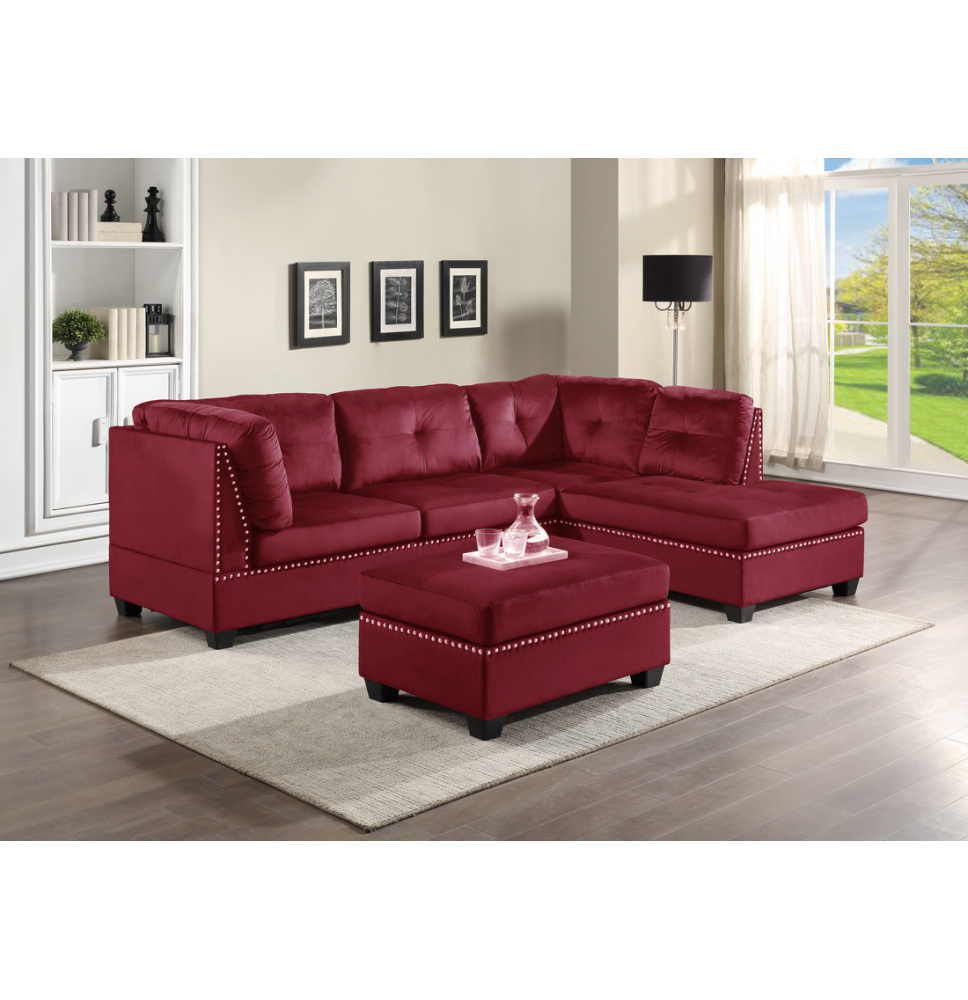 Sienna - Red Velvet Sectional + Ottoman Set