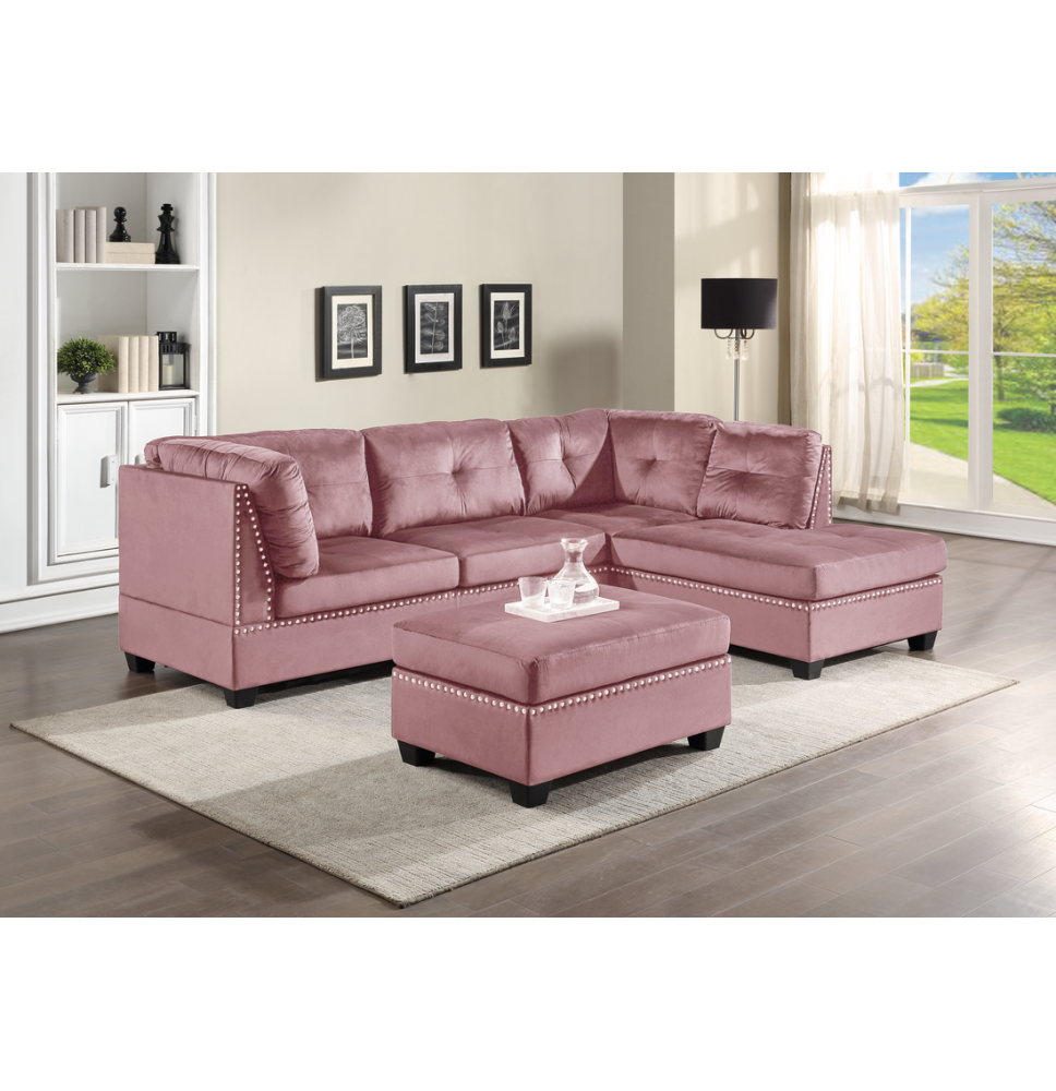 Sienna - Pink Velvet Sectional + Ottoman Set