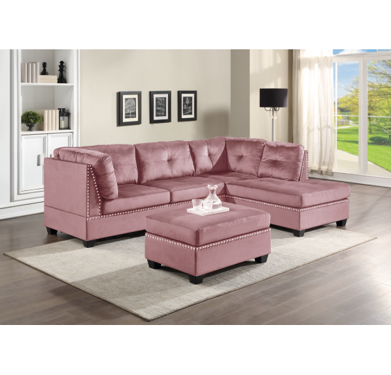 Sienna - Pink Velvet Sectional + Ottoman Set