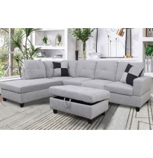 Light Gary Linen Sectional Sofa With Storage Ottoman