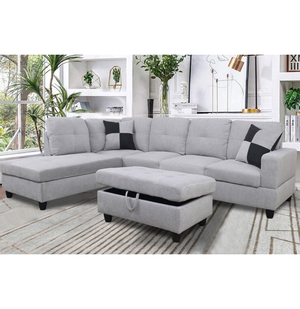 Light Gary Linen Sectional Sofa With, Leather Sectionals Houston Tx