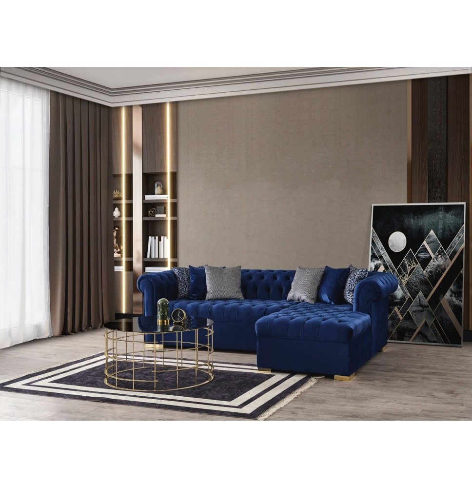 Audrey Velvet Blue RAF Chaise Sectional | Luxx Furnishing